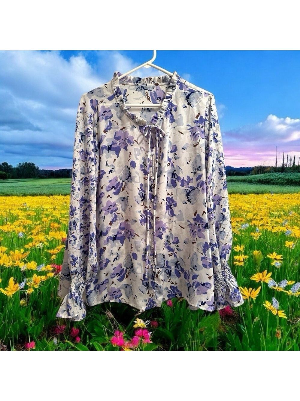 Elegant Chiffon Blouse Womens 2X Multicolor Balloon Sleeve Smocked Wrists Summer